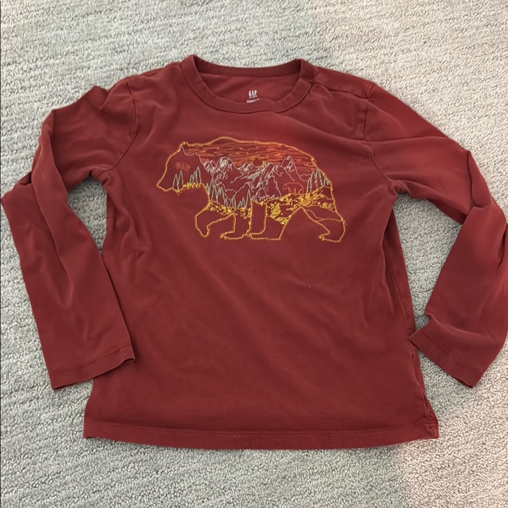 Gap Kids Maroon Bear Graphic Organic Long Sleeve Shirt
